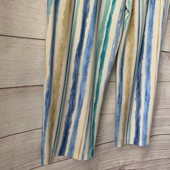 Susan Graver Blue Beige Striped Crop Wide Leg Pants or Capris Pockets Size M - Picture 12 of 12
